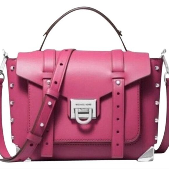 NWOT Michael Kors Manhattan Leather Satchel Crossbody in Raspberry/Magenta pink - Picture 1 of 14
